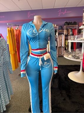 Blue Zip-Front Track Jumpsuit